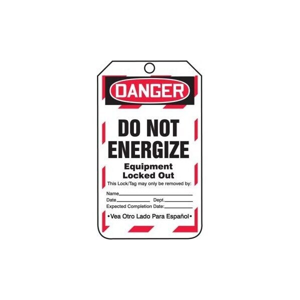 Accuform Safety Tags, DANGER DO NOT ENERGIZE EQUIPMENT LOCKED OUT Bilingual Spanish, 5.75in x 3.25in, 25PK TSP183PTP - main